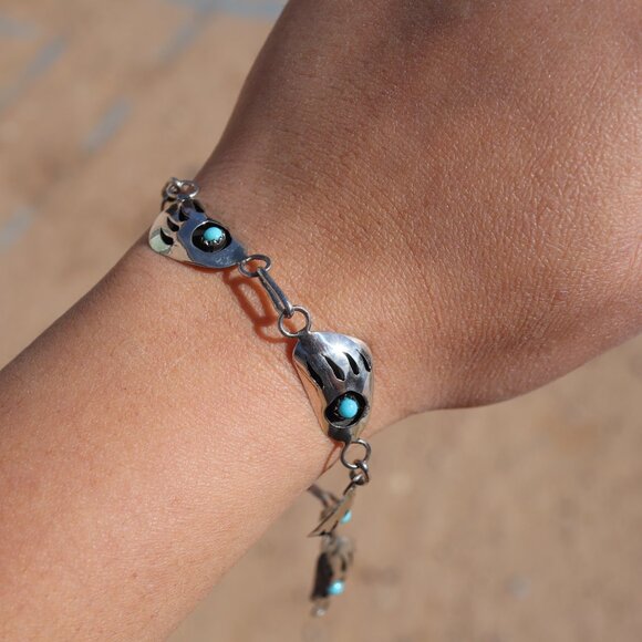 Navajo Sterling Silver Link Bracelet Shadow Box Turquoise Jewelry Sz 8.75in. ** - Picture 6 of 12